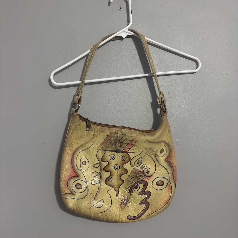 Vintage‎ Hand Painted Leather Shoulder art  Bag  Purse Tote Read
